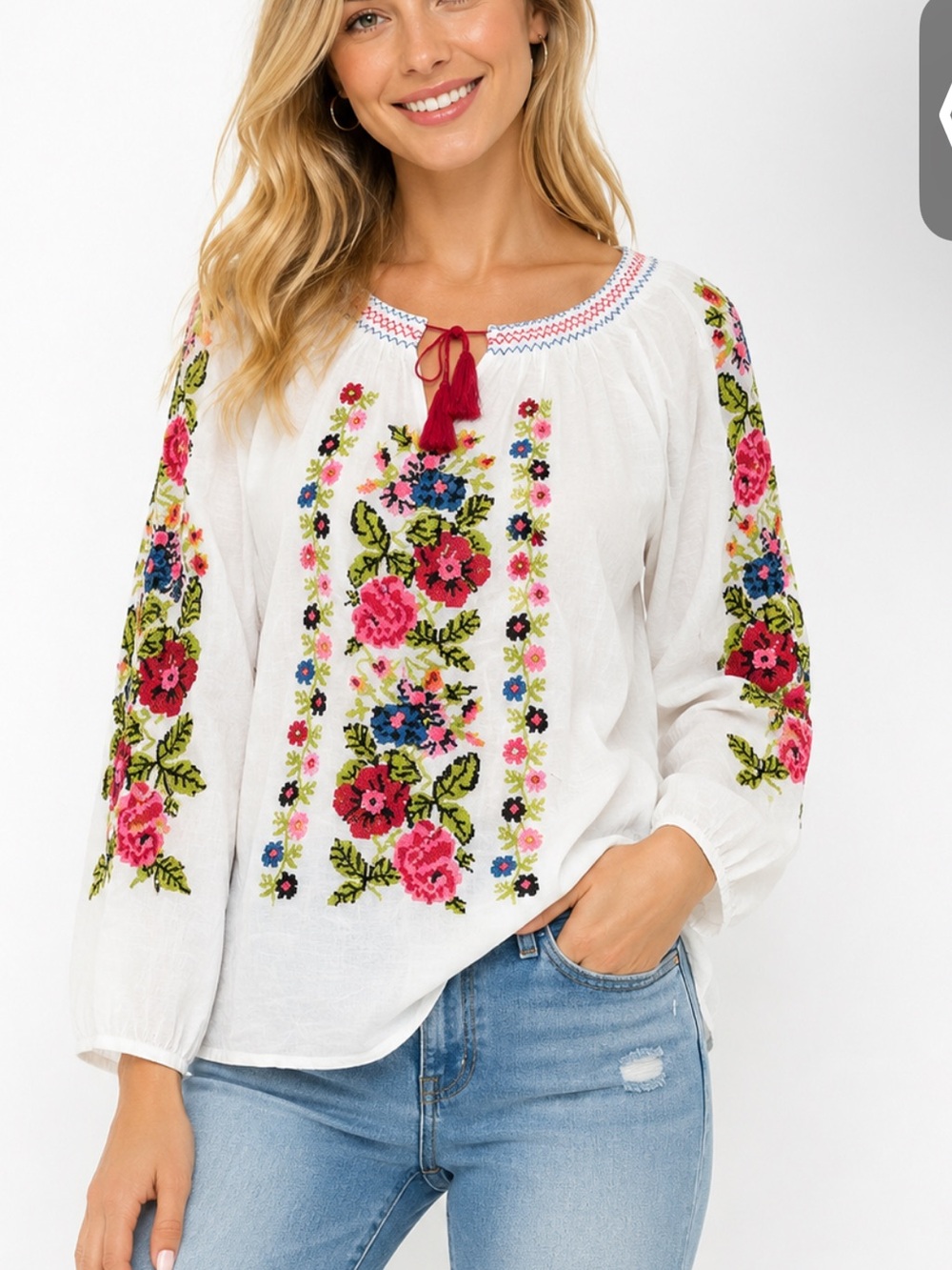 290. NEW White Floral Embroidered Peasant Blouse with Pink Accents %100 cotton